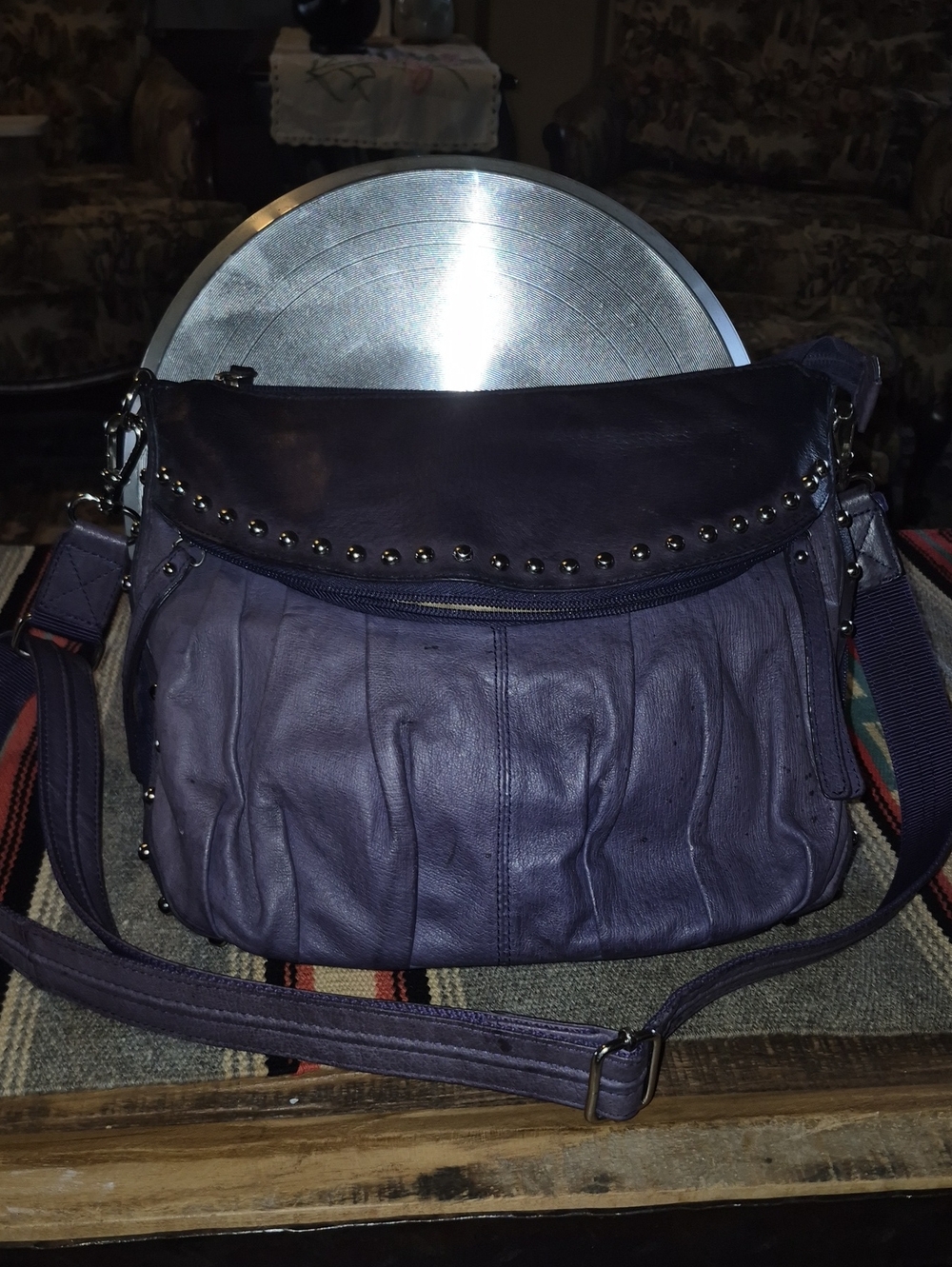 "GunTote'nMamas" Conceal Carrycrossbody Bag. Purple/silver Decor RouschedFront .